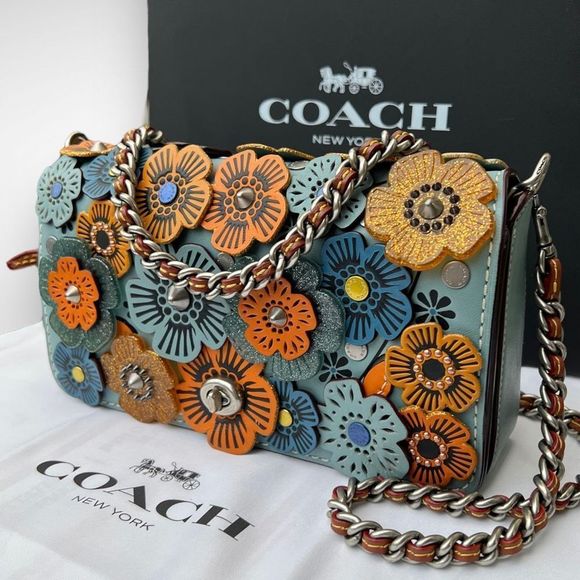 AUTH Coach 1941 Dinky with Glitter Tea Rose Bag, Dust Bag, Gift Box Steel Blue - Picture 7 of 16